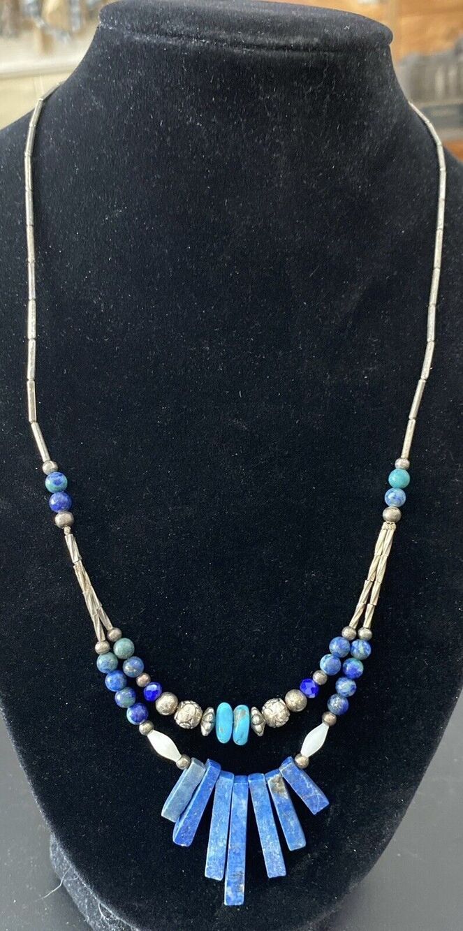 Vintage Stacked Pieces Of Turquoise Double Strand Beads Silver Beads Cover Chain